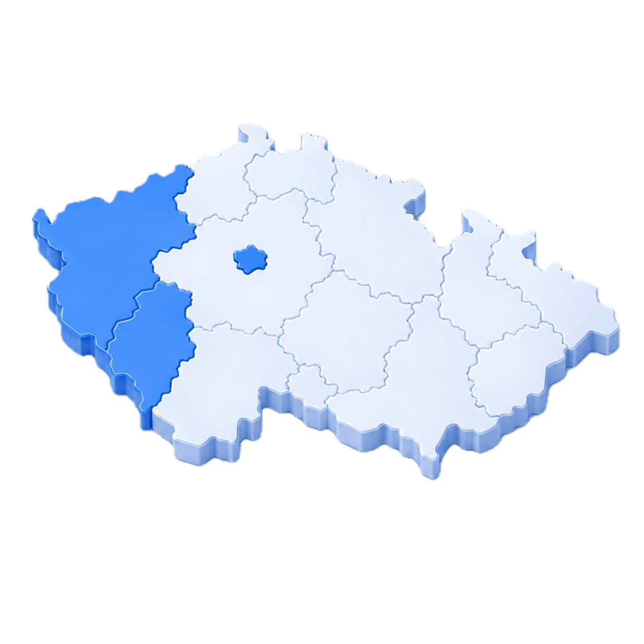 Mapa České republiky se zvýrazněnými západními Čechami a Prahou